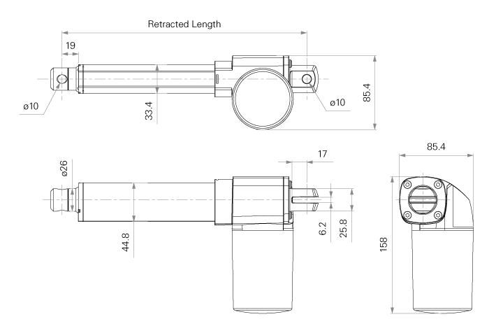 TiMOTION TA49 Medikal Elektrikli Lineer Aktüatör Teknik Çizim ve Boyutları
