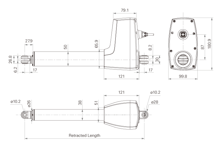 TiMOTION TA51 Medikal Elektrikli Lineer Aktüatör Teknik Çizim ve Boyutları