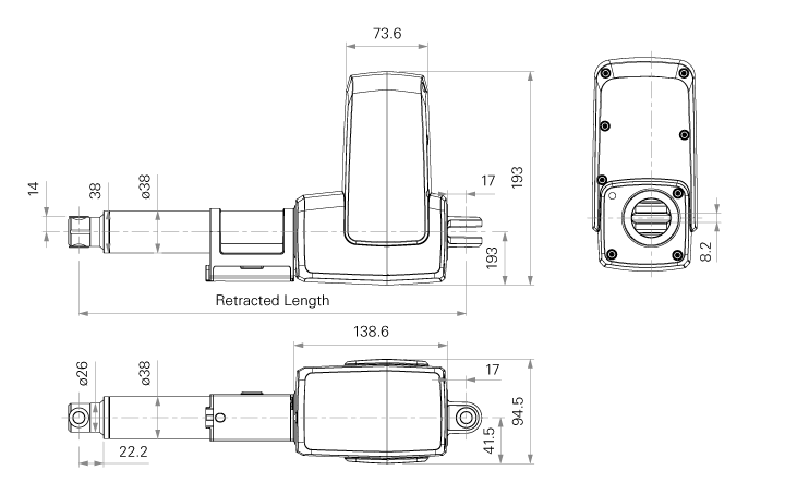 TiMOTION TA52 Medikal Elektrikli Lineer Aktüatör Teknik Çizim ve Boyutları